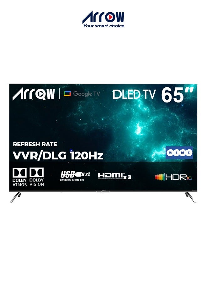 ARRQW 65 Inch Gaming 4K UHD Frameless Smart DLED with Google TV, 3840x2160 Resolution, 6000:1 Contrast, 120Hz Refresh Rate, Dolby Vision & Dolby Atmos, HDR10+, 1.07B Colors, 3 HDMI, 2 USB, Bluetooth, Wi-Fi, Voice Control, Netflix & YouTube Pre-Installed, Wall Mount | Model No: RO-65LCS120 - Image 1